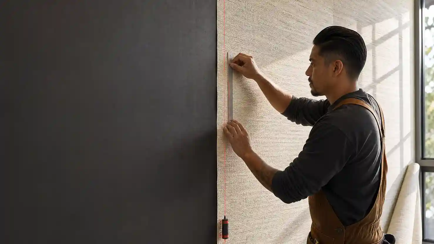 Wallpaper material inspection in a Los Angeles interior with a visible plumb line