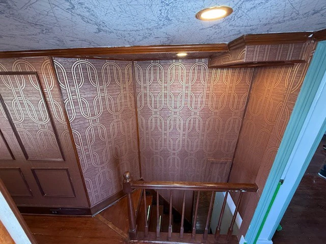 Historic-home wallpaper work detail in a Los Angeles interior